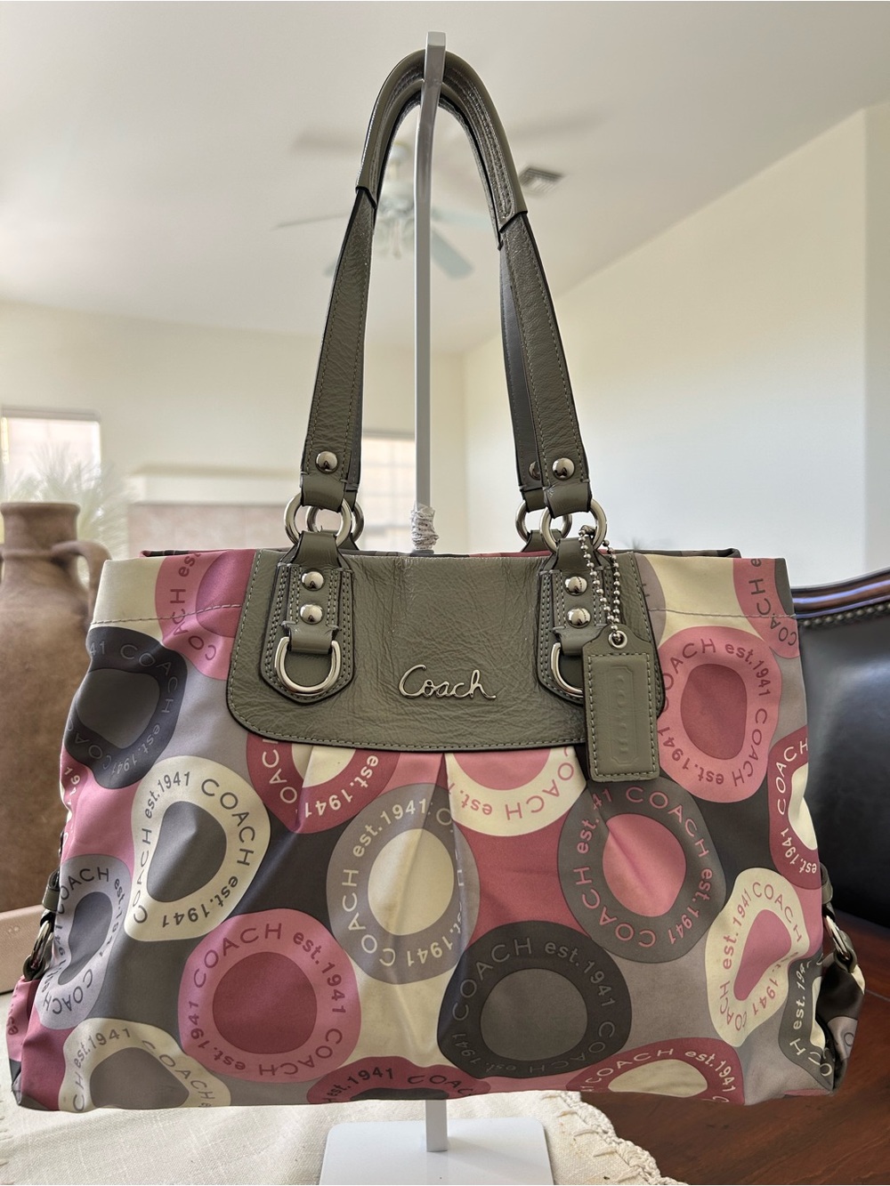 Coach Multicolor Circle Print Shoulder Tote with Olive Trim